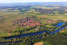 Village view beyond the Main with Camping Katzenkopf in Sommerach in the state Bavaria, Germany