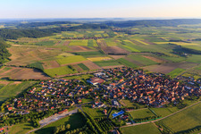 Village overview from the east with Abtswinder Naturheilmittel GmbH & Co. KG in Abtswind in the state Bavaria, Germany