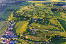 Aerial view of Golf course Geiselwind of the Steigerwald Golf Club e. V. with house on the lake in Geiselwind in the state Bavaria, Germany