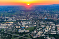 Aerial view of Industrial area harbor in front of the city on the Main at sunset in Schweinfurt in the state Bavaria, Germany