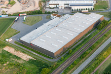 Aerial view of Warehouses and forwarding building of Eichenlaub Logistik GmbH in Rohrbach in the state Rhineland-Palatinate, Germany