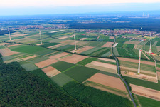 Aerial photograpy of Hatzenbühler wind farm after completion in Herxheim bei Landau in the state Rhineland-Palatinate, Germany