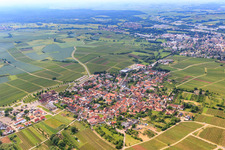 Overview of the village between vineyards on the German and French sides from the northwest in the district Schweigen in Schweigen-Rechtenbach in the state Rhineland-Palatinate, Germany