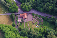 Aerial view of Café on the Lauter in the district Sankt Germanshof in Wissembourg in the state Bas-Rhin, France