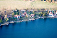 Aerial photograpy of Swan pond in the Blue Adriatic recreation area in Altrip in the state Rhineland-Palatinate, Germany