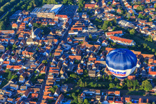 Aerial view of Hot air balloon over Speyerer Straße in Dudenhofen in the state Rhineland-Palatinate, Germany