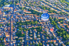 Aerial view of Two hot air balloons over Eichgartenstr in Dudenhofen in the state Rhineland-Palatinate, Germany