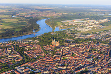 Old town overview from the northwest in the evening to the Rhine in Speyer in the state Rhineland-Palatinate, Germany
