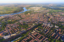 Aerial view of Old town overview from the northwest in the evening to the Rhine in Speyer in the state Rhineland-Palatinate, Germany