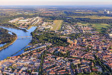 City view at the Rhine harbor from the north to the FSL airfield Speyer in Speyer in the state Rhineland-Palatinate, Germany