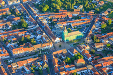 Market square with scaffolded church of St. Mary in Philippsburg in the state Baden-Wuerttemberg, Germany
