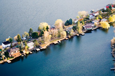 Aerial view of Middle path between Adriaweiher and Schwanenweiher in the Blue Adriatic recreation area in Altrip in the state Rhineland-Palatinate, Germany