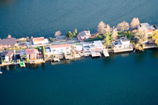 Aerial photograpy of Middle path between Adriaweiher and Schwanenweiher in the Blue Adriatic recreation area in Altrip in the state Rhineland-Palatinate, Germany