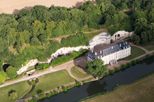 Aerial photograpy of Building and castle park systems of castle Chateau de Rochambeau in Thore-la-Rochette in Centre-Val de Loire, France