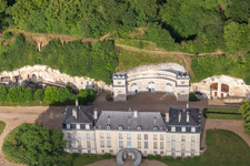 Building and castle park systems of castle Chateau de Rochambeau in Thore-la-Rochette in Centre-Val de Loire, France from above