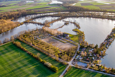 Middle path between Adriaweiher and Schwanenweiher in the Blue Adriatic recreation area in Altrip in the state Rhineland-Palatinate, Germany from the plane