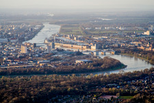 City view on the river bank of the Rhine river in Ludwigshafen am Rhein in the state Rhineland-Palatinate, Germany