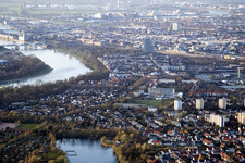 Indenhof, Almenhof from the south with Stollenwörthweier in the district Niederfeld in Mannheim in the state Baden-Wuerttemberg, Germany