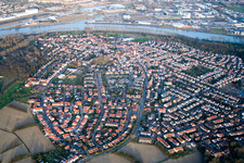 Aerial photograpy of Town View of the streets and houses of the residential areas in Altrip in the state Rhineland-Palatinate