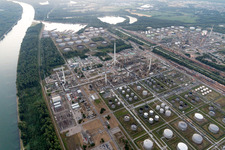 Aerial view of Night lighting Refinery equipment and management systems on the factory premises of the mineral oil manufacturers Mineraloelraffinerie Oberrhein in the district Knielingen in Karlsruhe in the state Baden-Wurttemberg, Germany