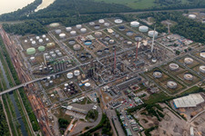 Aerial photograpy of Night lighting Refinery equipment and management systems on the factory premises of the mineral oil manufacturers Mineraloelraffinerie Oberrhein in the district Knielingen in Karlsruhe in the state Baden-Wurttemberg, Germany