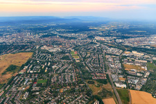 Aerial view of Morning city view from the north in the district Nordweststadt in Karlsruhe in the state Baden-Wuerttemberg, Germany