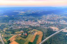 City view beyond the A5 in the morning from the northwest in the district Durlach in Karlsruhe in the state Baden-Wuerttemberg, Germany