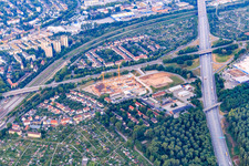 Construction site for the new building of dm-dialogicum (headquarters) and dmTECH GmbH in Am dm-Platz from the north in the district Durlach in Karlsruhe in the state Baden-Wuerttemberg, Germany