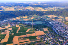 Red and white transmitter mast of the Südwestrundfunk transmitter Mühlacker, the city's landmark in Mühlacker in the state Baden-Wuerttemberg, Germany