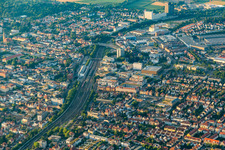 Station building and track systems of the S-Bahn station on MHP-Arena in Ludwigsburg in the state Baden-Wurttemberg, Germany