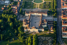 Building complex in the park of the castle Residenzschloss Ludwigsburg in Ludwigsburg in the state Baden-Wurttemberg, Germany seen from above