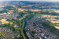Curved loop of the riparian zones on the course of the river of the river Neckar in the district Neckarweihingen in Ludwigsburg in the state Baden-Wurttemberg, Germany