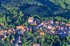 Aerial view of And Schloßstraße with Lower Castle and St. Stephen's Church of the Welzheimer Wald parish in Alfdorf in the state Baden-Wuerttemberg, Germany