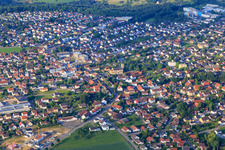 View of the city from the northeast with St. George's Church in Mutlangen in the state Baden-Wuerttemberg, Germany