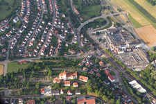Aerial view of Church building in the village of in the district Unterkochen in Aalen in the state Baden-Wurttemberg, Germany