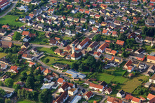 View of the town from the north with the Catholic Kindergarten St. Maria Ebnat and the Church of the Immaculate Conception in the district Ebnat in Aalen in the state Baden-Wuerttemberg, Germany