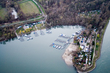 Lakes and beach areas on the recreation area Blaue Adria in the district Riedsiedlung in Altrip in the state Rhineland-Palatinate from above