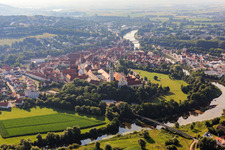 Church of the Holy Cross and Adolph Kolping Vocational School across the Wörnitz in the morning from the west in Donauwörth in the state Bavaria, Germany