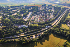 Aerial view of Former barracks area (Alfred Delp Quarter) and residential area south of Dr. Loeffellad St. in Donauwörth in the state Bavaria, Germany