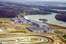 Aerial view of Oberwald Industrial Estate: Daimler Truck Testing Site in Wörth am Rhein in the state Rhineland-Palatinate, Germany