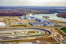 Aerial photograpy of Oberwald Industrial Estate: Daimler Truck Testing Site in Wörth am Rhein in the state Rhineland-Palatinate, Germany