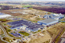 Oblique view of Oberwald industrial area, Palm paper mill in Wörth am Rhein in the state Rhineland-Palatinate, Germany