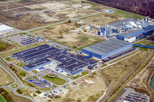 Drone image of Oberwald industrial area: Palm paper mill in Wörth am Rhein in the state Rhineland-Palatinate, Germany