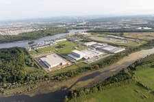 Aerial view of Oberwald industrial area from the northwest in Wörth am Rhein in the state Rhineland-Palatinate, Germany