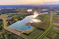 Aerial photograpy of Polder dam behind the Rheinzabern quarry lake in Neupotz in the state Rhineland-Palatinate, Germany