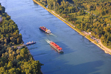 Rhine ferry Leimersheim waiting for 2 cargo ships on the Rhine in the district Leopoldshafen in Eggenstein-Leopoldshafen in the state Baden-Wuerttemberg, Germany