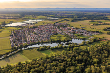 Aerial view of View of the town from the east behind the waters Fish meal on the Rhine dam in Leimersheim in the state Rhineland-Palatinate, Germany
