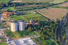 Aerial view of Two large silos of former Südzucker at the Hermitage in Waghäusel in the state Baden-Wuerttemberg, Germany