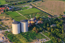 Aerial photograpy of Two large silos of former Südzucker at the Hermitage in Waghäusel in the state Baden-Wuerttemberg, Germany
