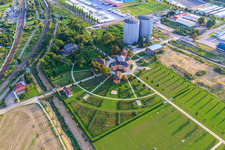 Two large silos of former Südzucker at the Eremitage Waghäuse in the evening light in Waghäusel in the state Baden-Wuerttemberg, Germany